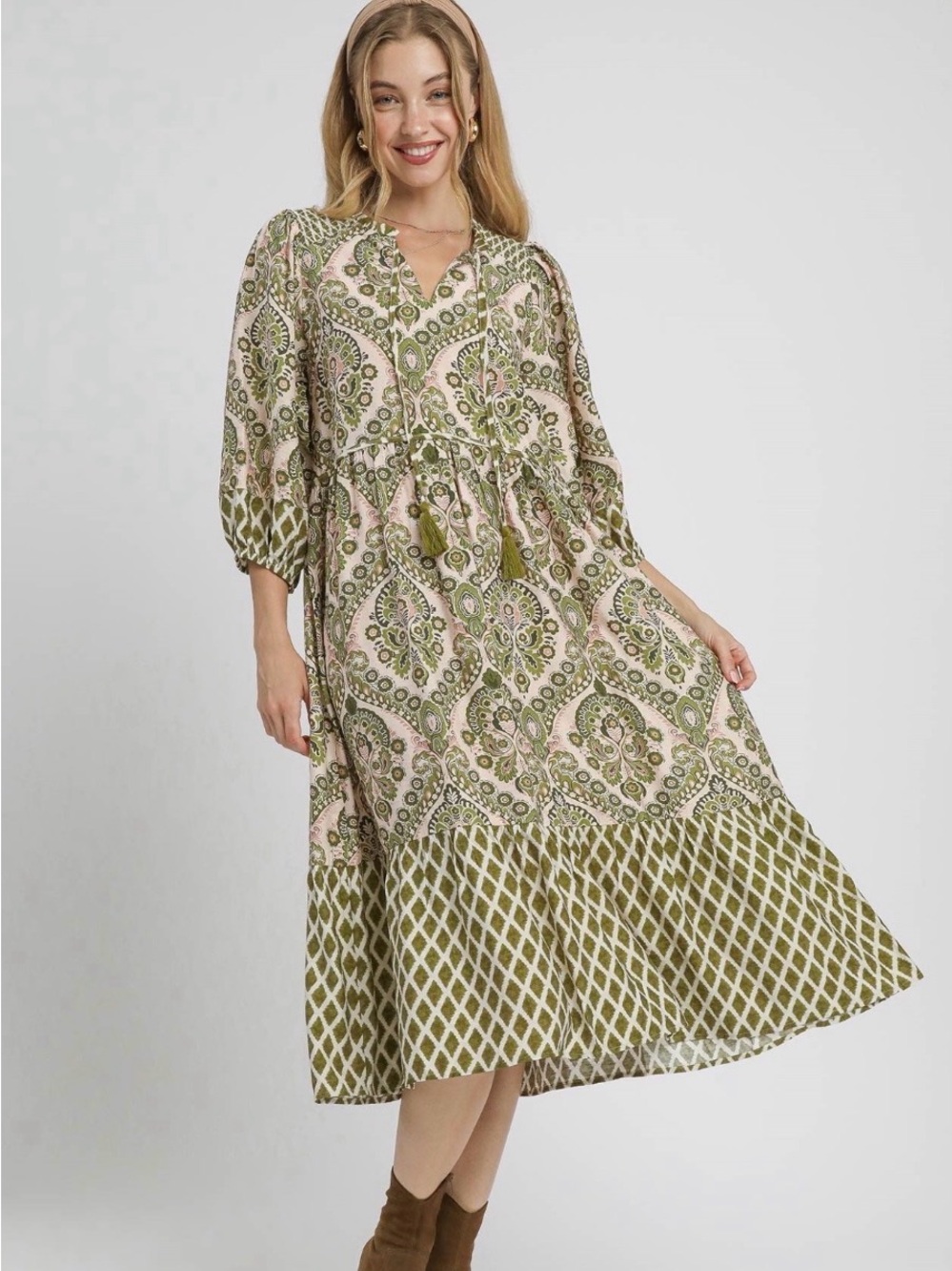 Boho Paisley Midi Dress in Olive and Blush